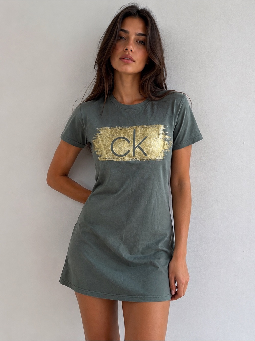 Calvin Klein Olive Green T-Shirt Dress with Gold Logo